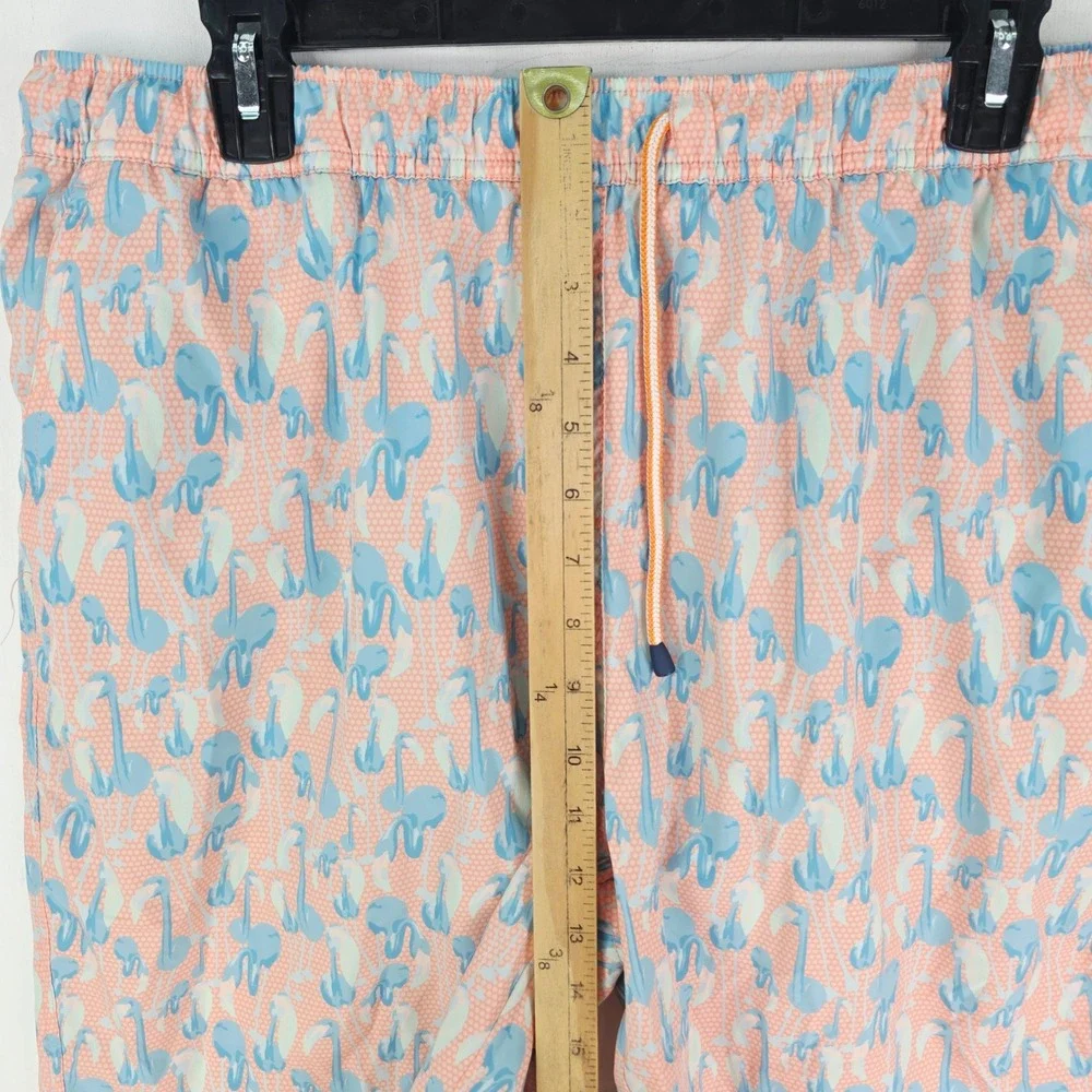 Peter Millar Mens Flamingo Print Swim Trunks Peach Blue Board Shorts Large